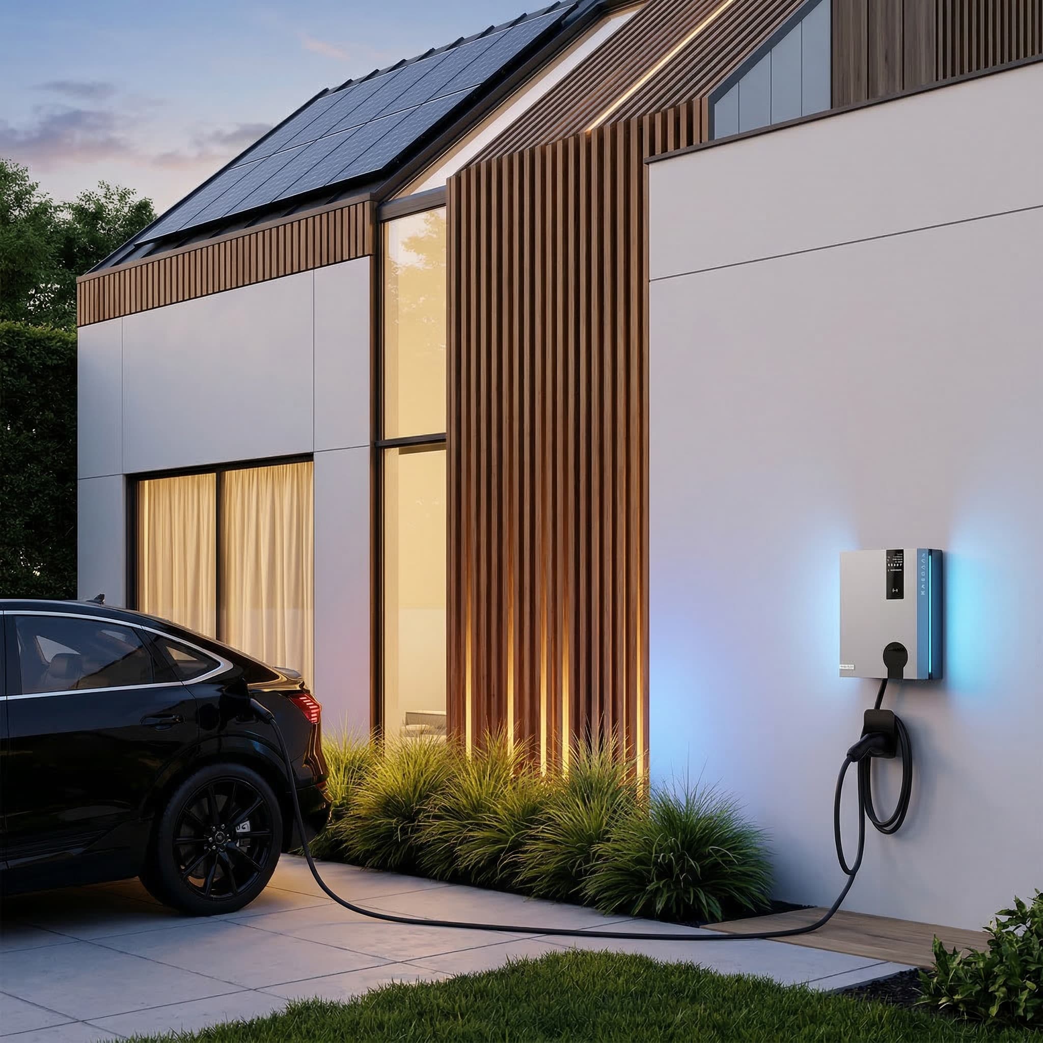 Spark Wallbox EV charger with solar panels on modern home