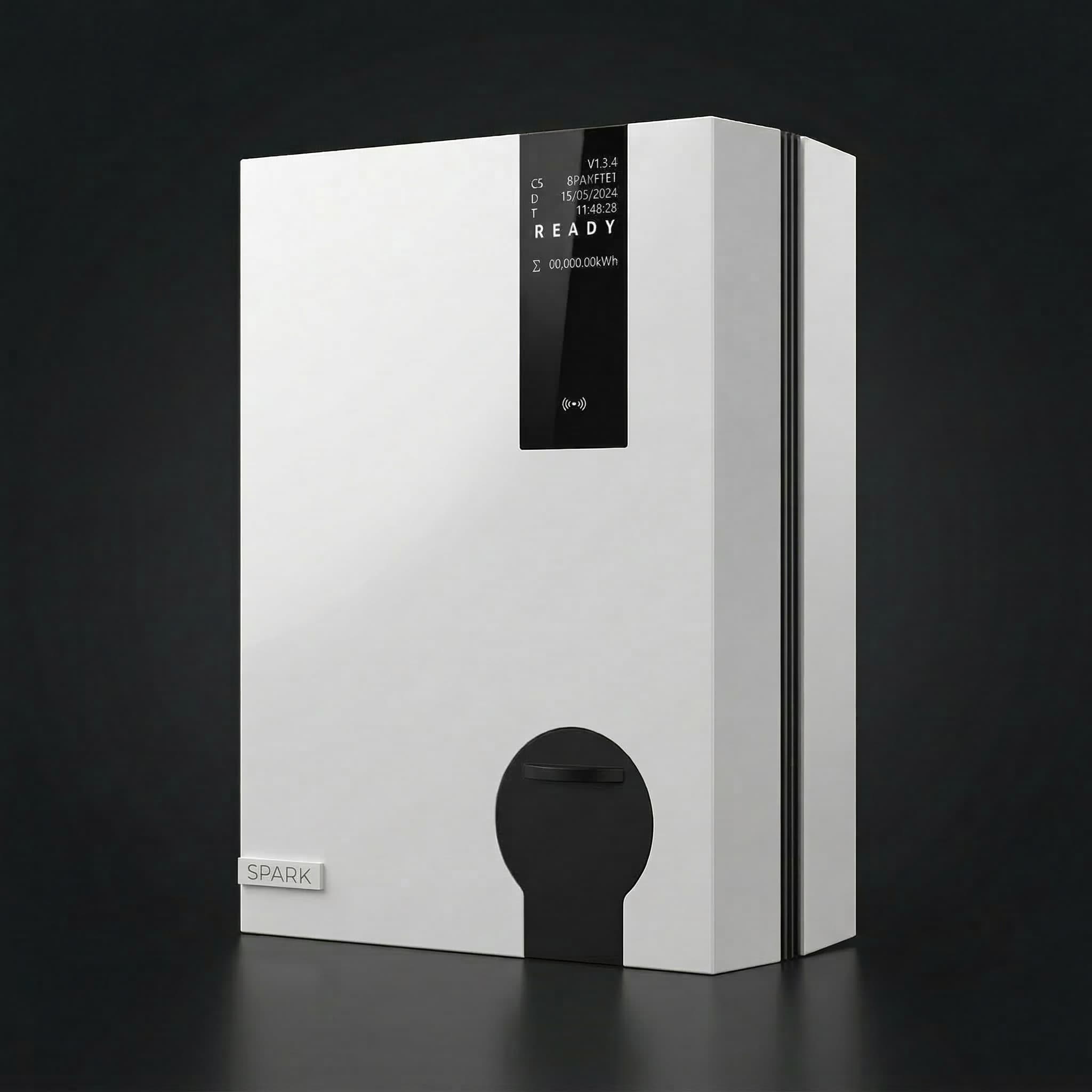 Spark Wallbox EV charger — front 3/4 view with OLED display, Type 2 socket and SPARK branding