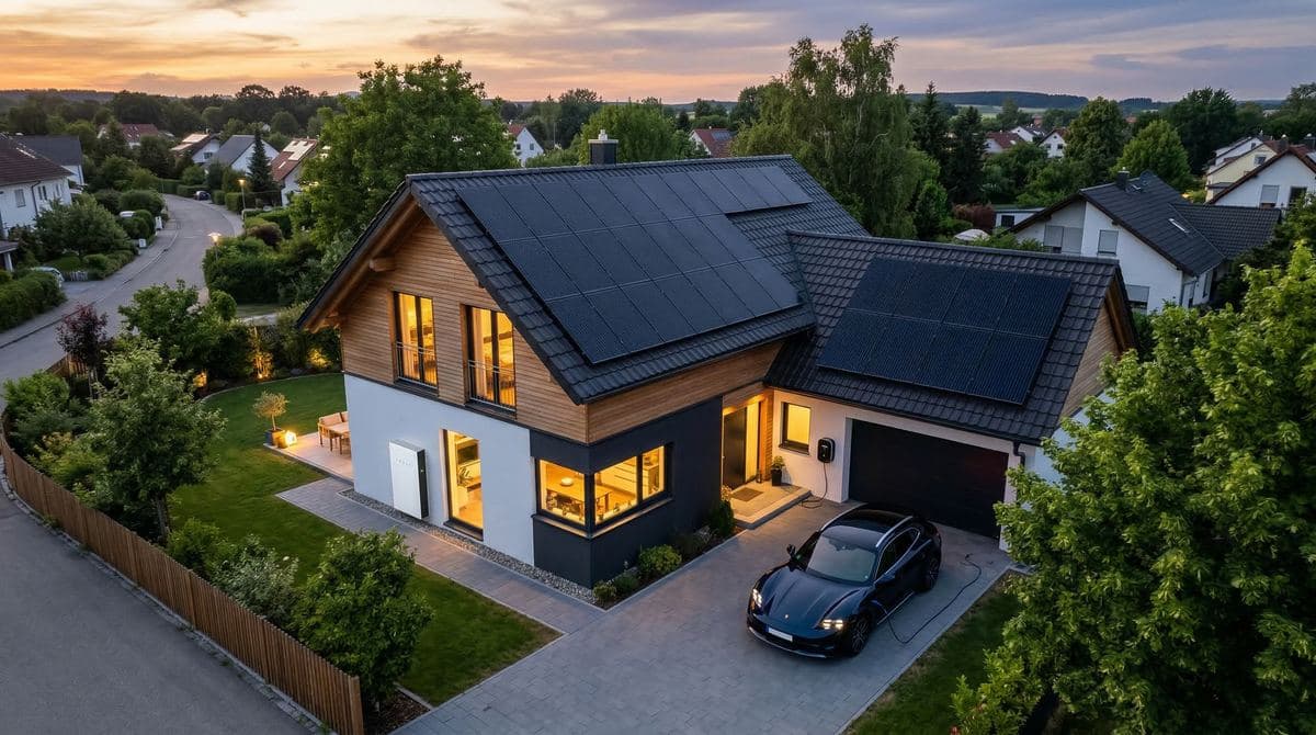Home with solar panels and battery storage system