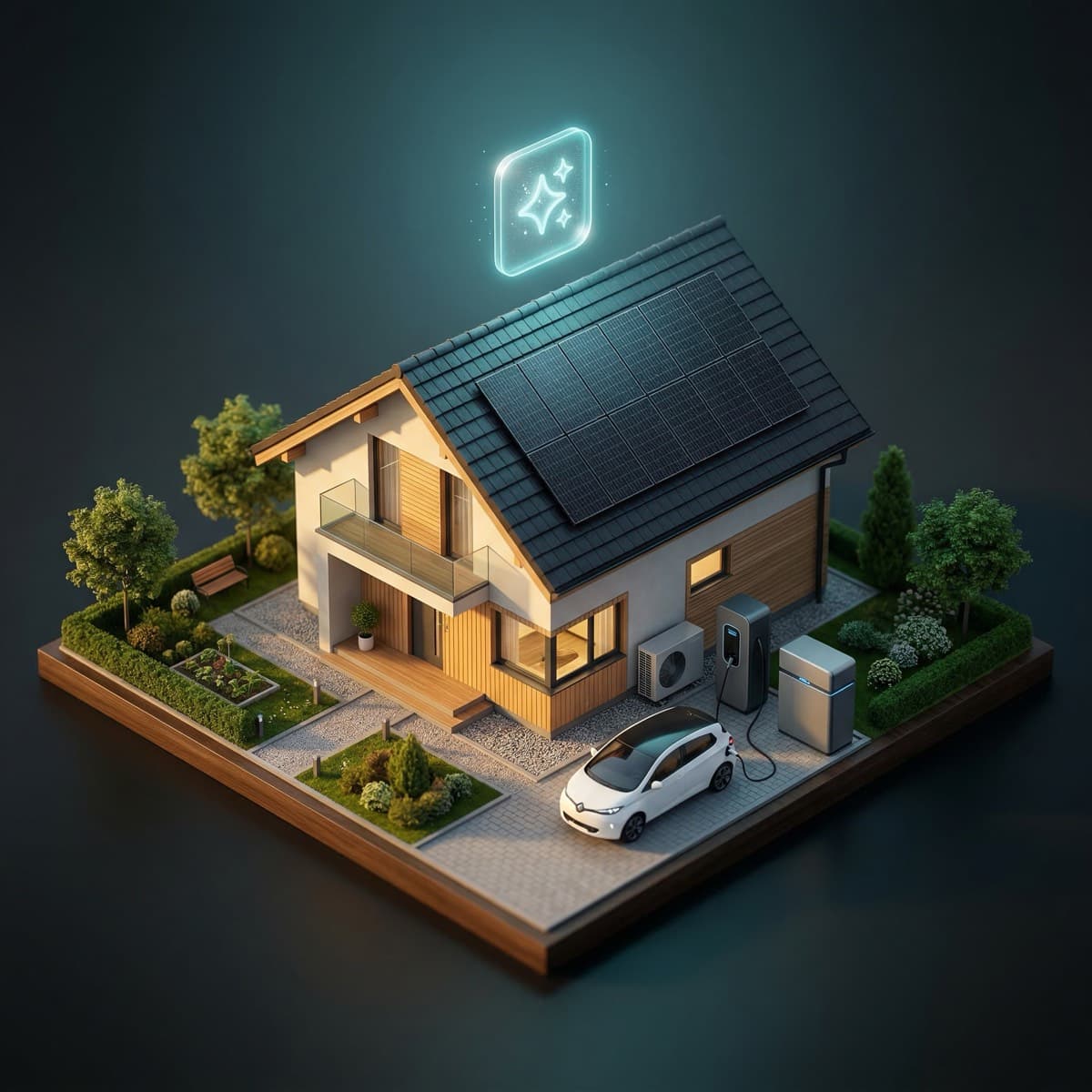 Isometric view of a smart home with solar panels, battery, EV charger, and AI optimization