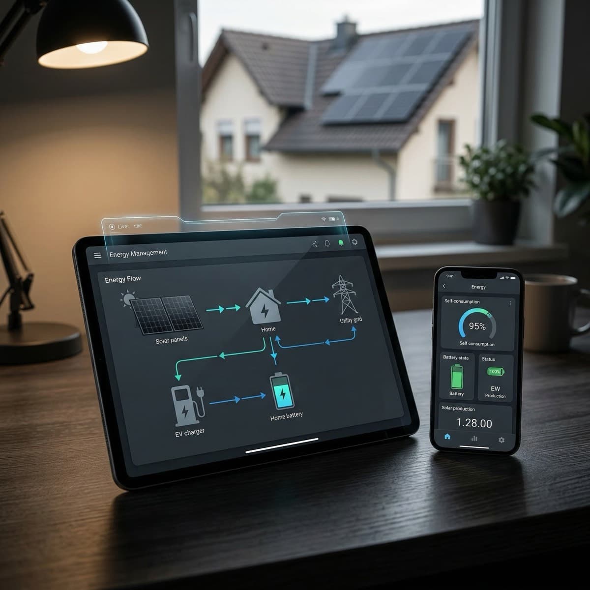 Energy management dashboard showing live energy flow, self-consumption KPIs, and battery status on tablet and phone