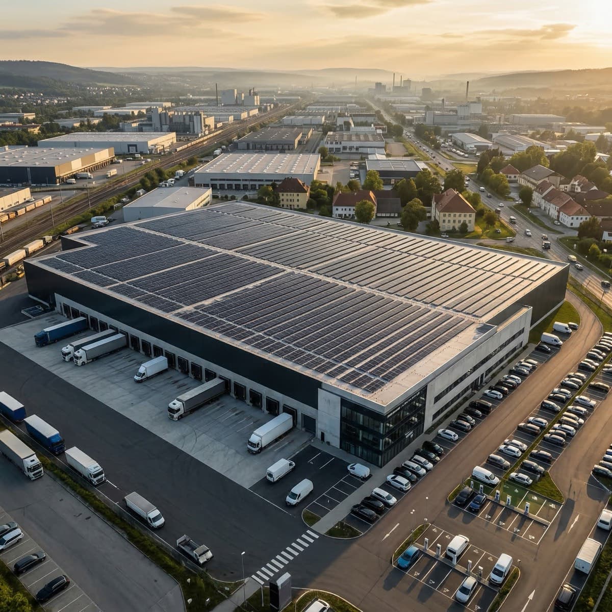 Large-scale industrial solar installation on commercial warehouse rooftop