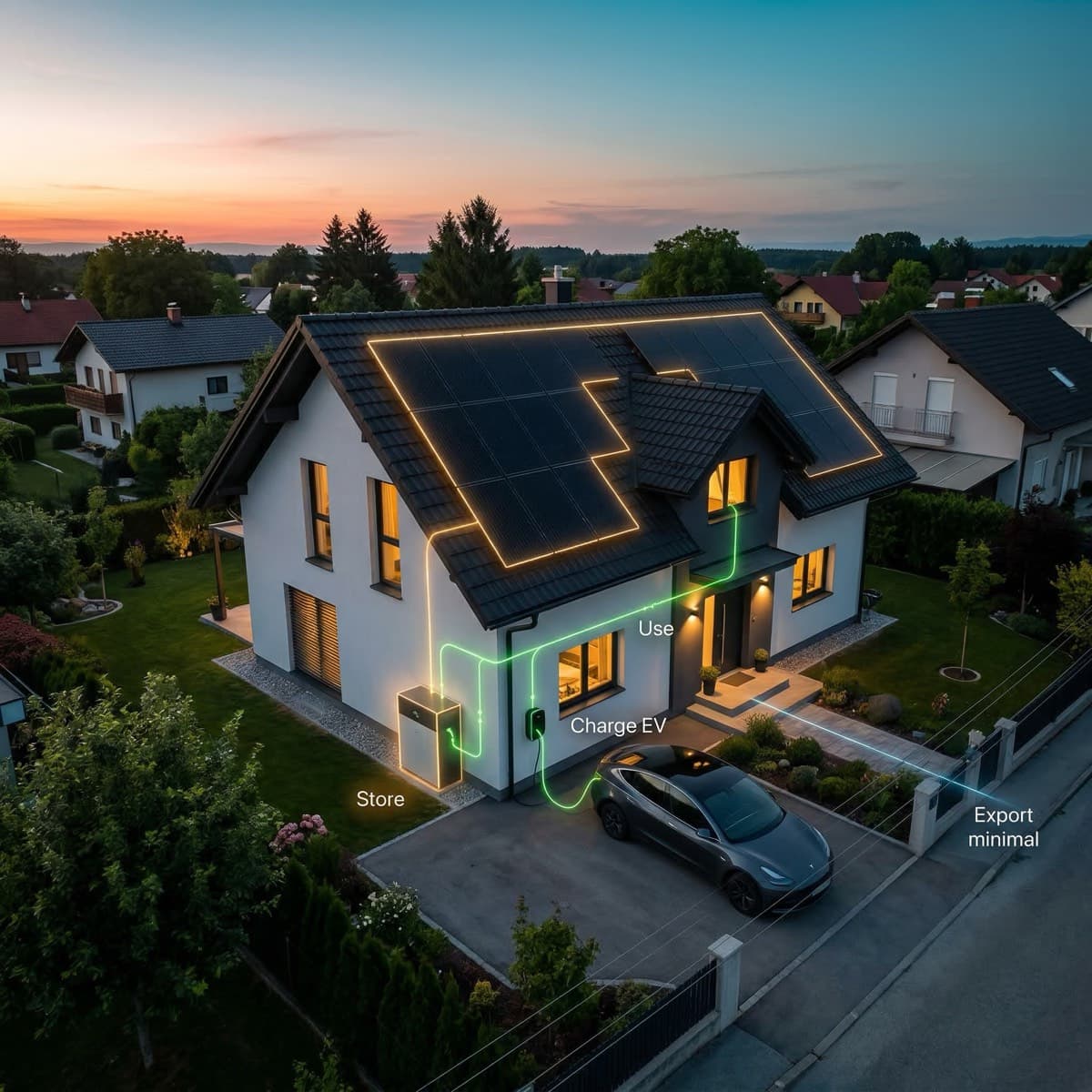 Optimized energy flow between solar panels, battery, EV charger, and grid