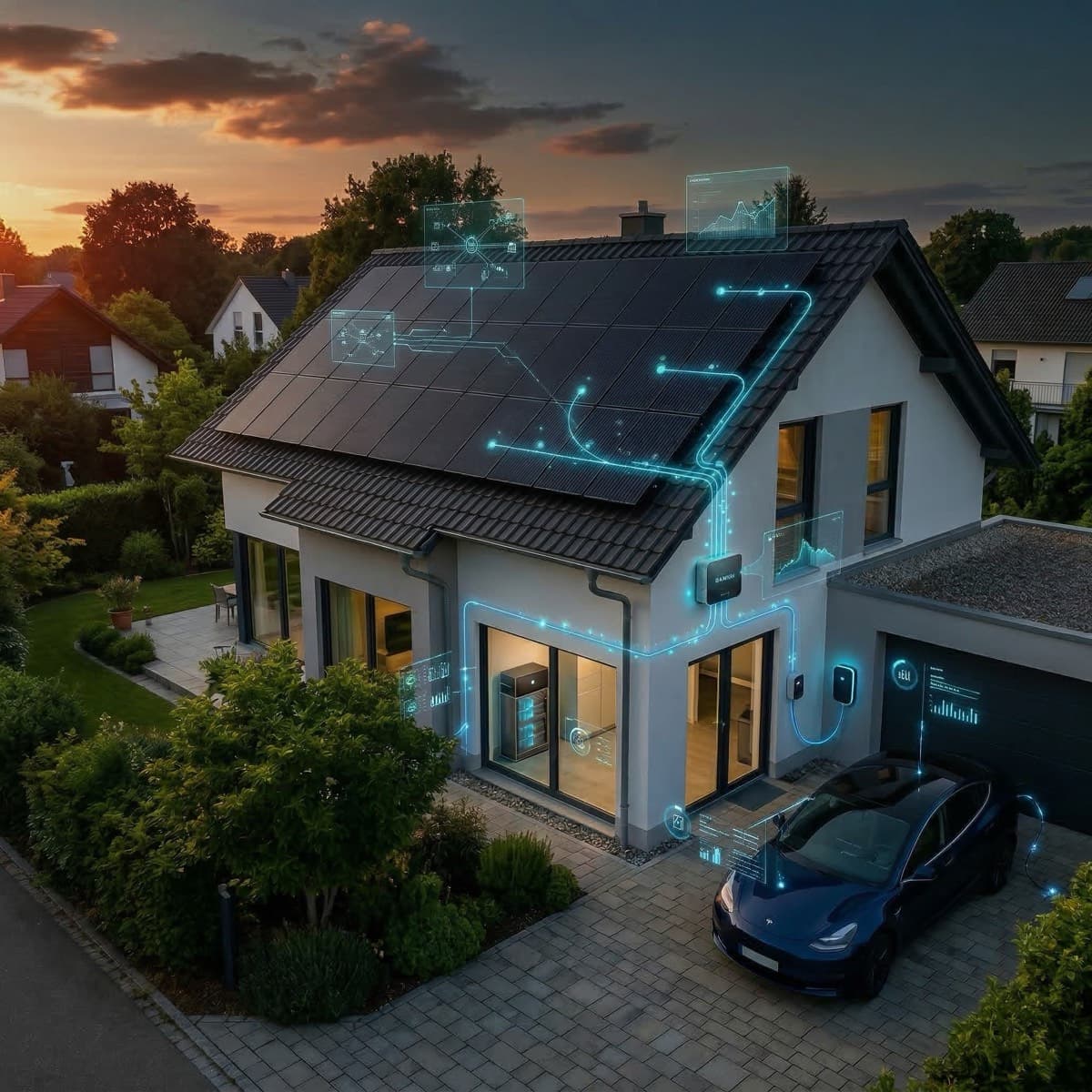 Modern home with AI-managed solar panel system on rooftop