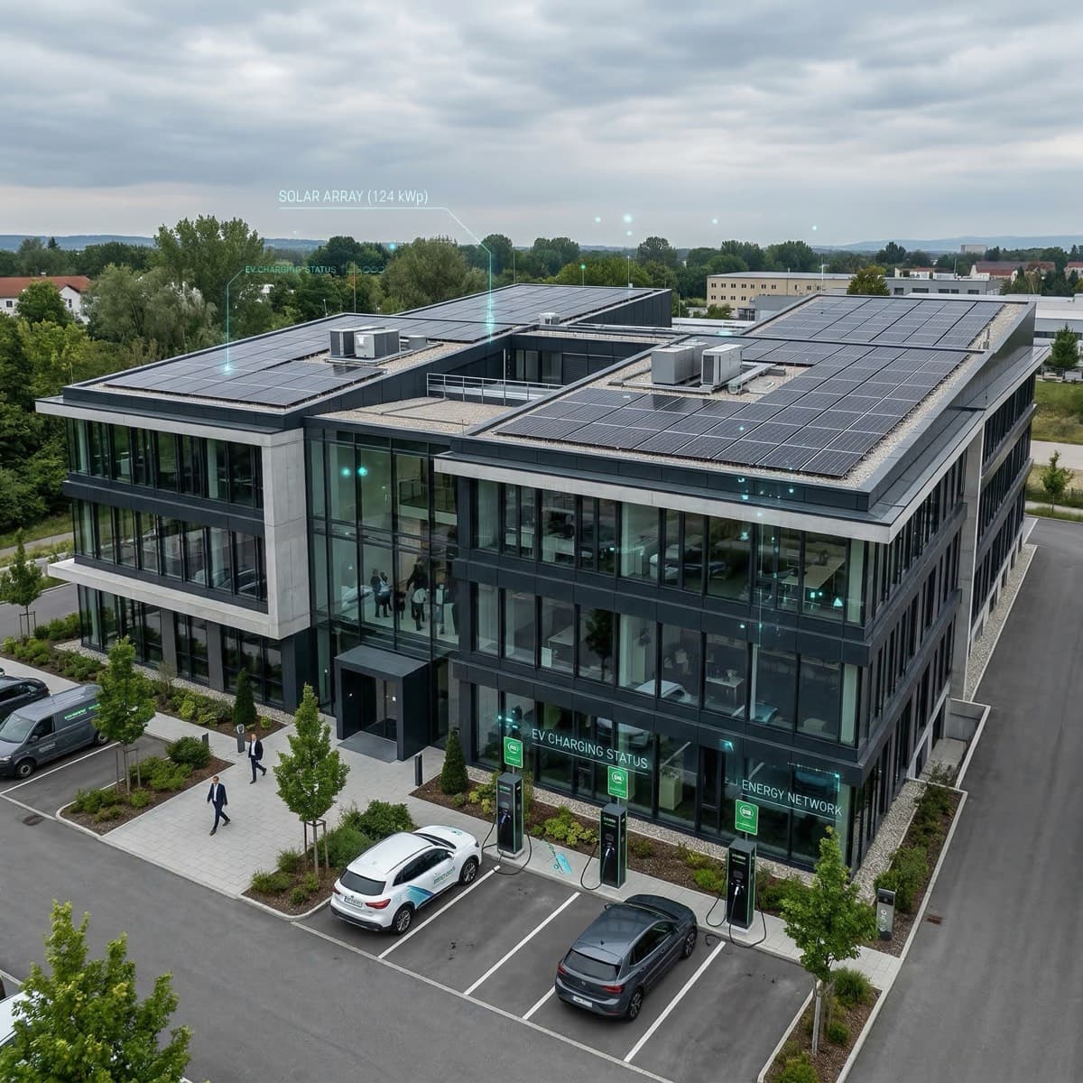 Commercial building with rooftop solar installation and EV chargers