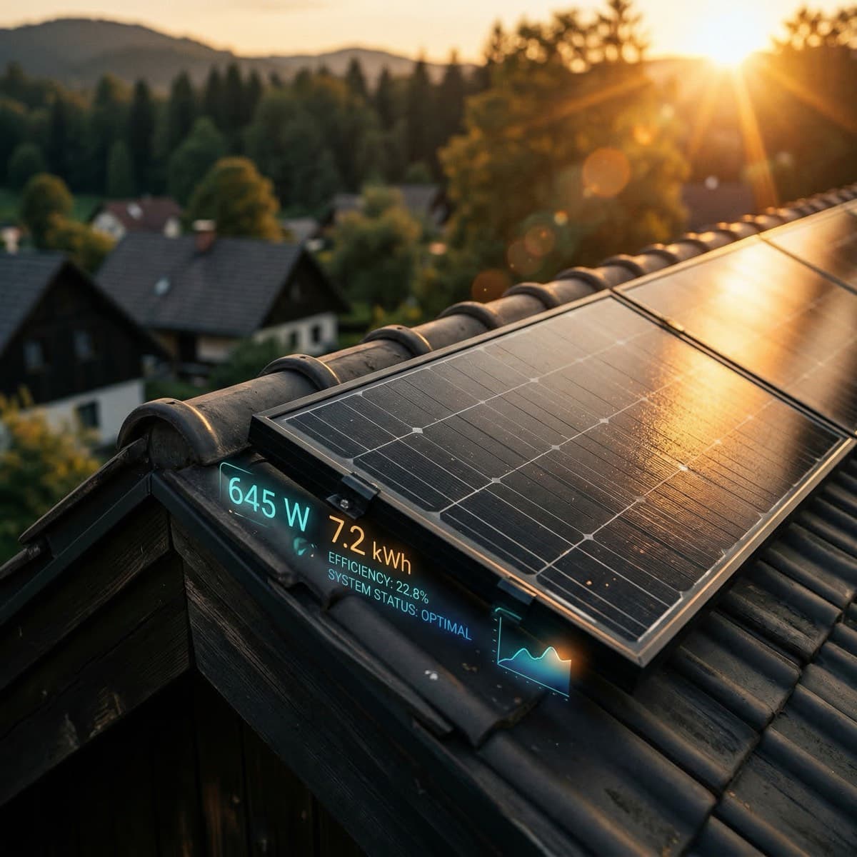 Solar panels producing energy on rooftop at sunset
