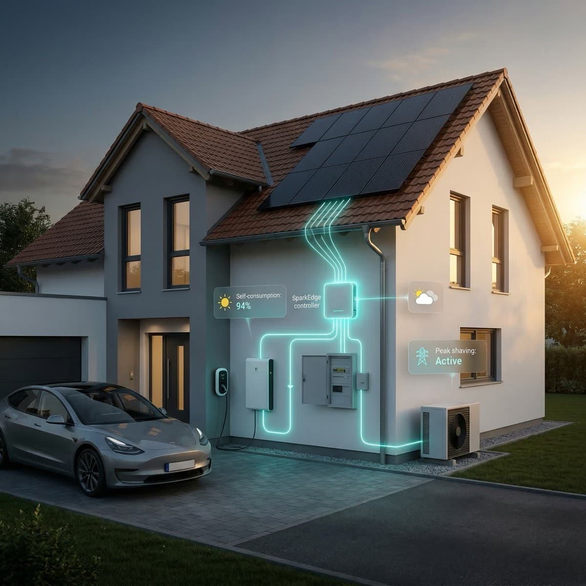 SparkGrid AI solar system with controller, battery, EV charger, and heat pump