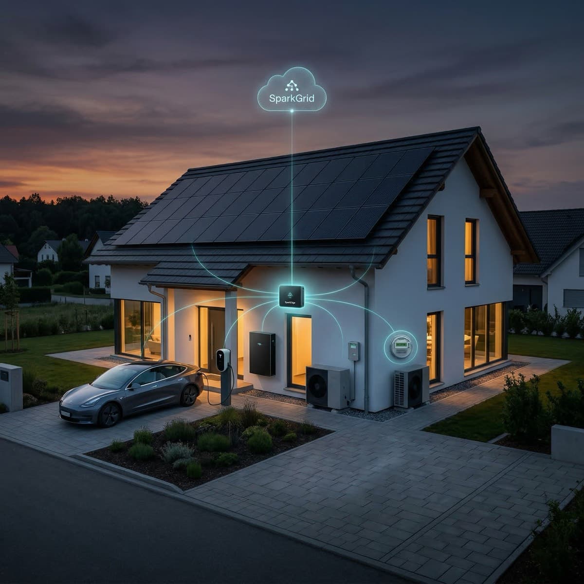 Smart home with solar panels, SparkEdge controller, battery, EV charger, heat pump, and SparkGrid cloud platform