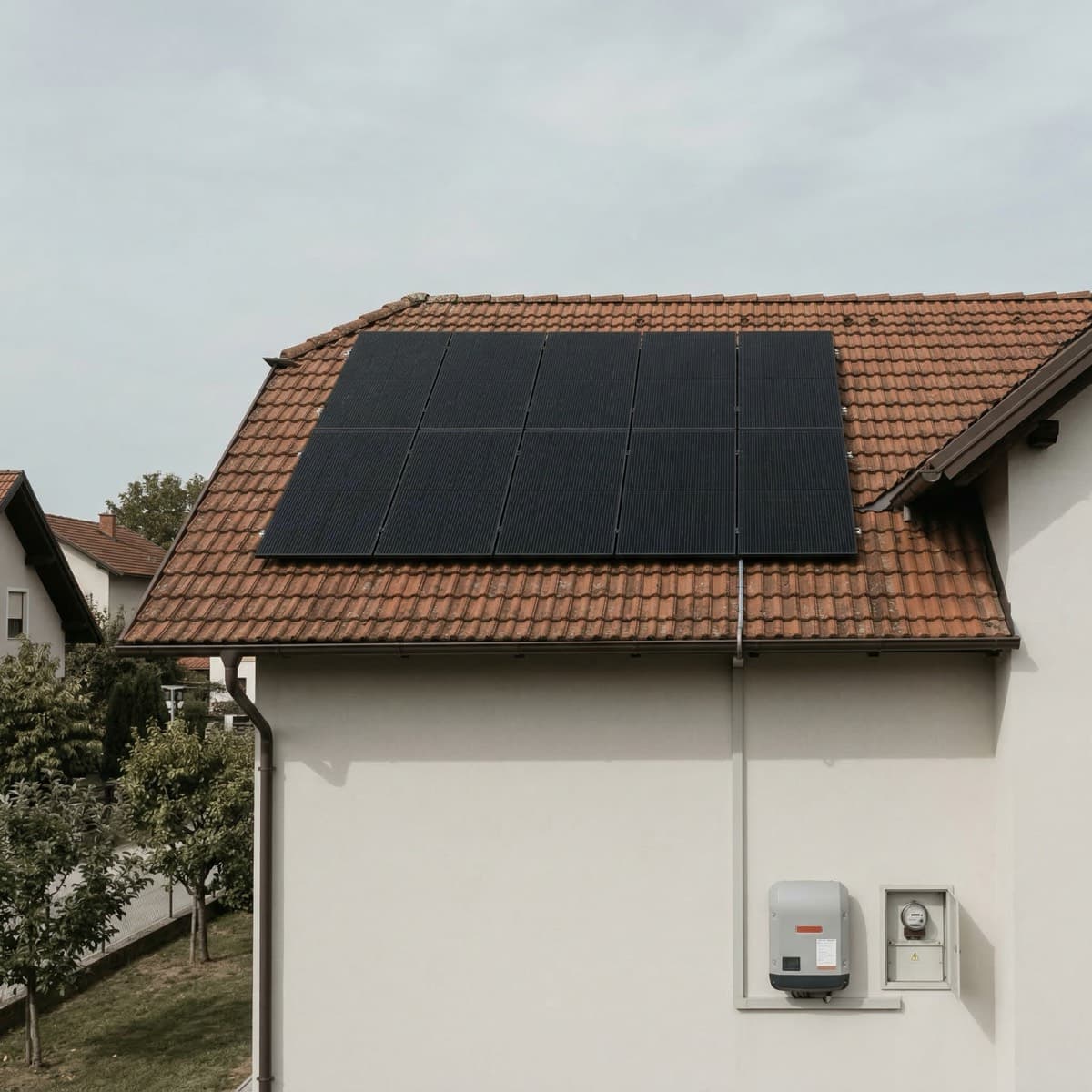 Standard solar panel installation with basic inverter and meter