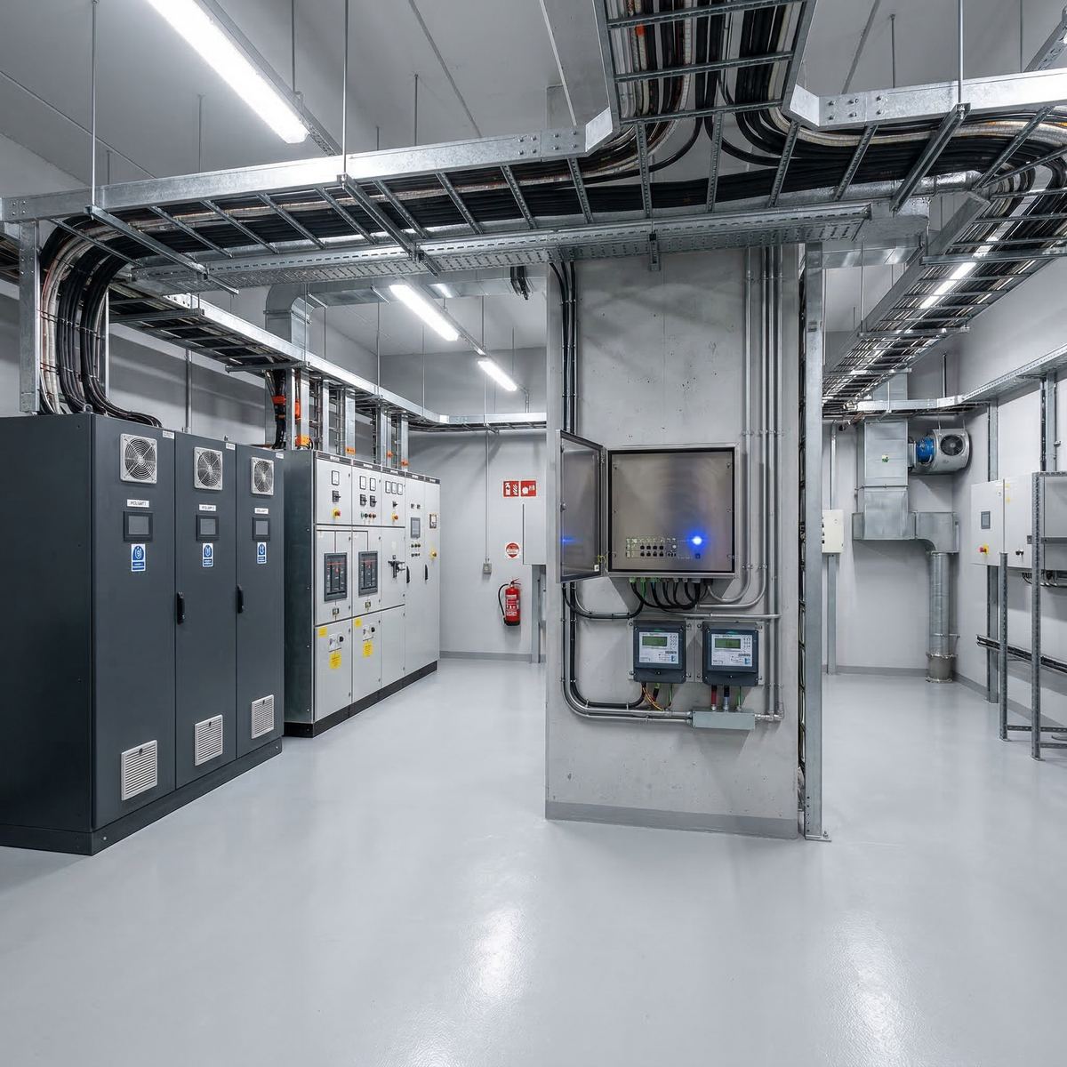 Industrial electrical room with power conversion system and battery management