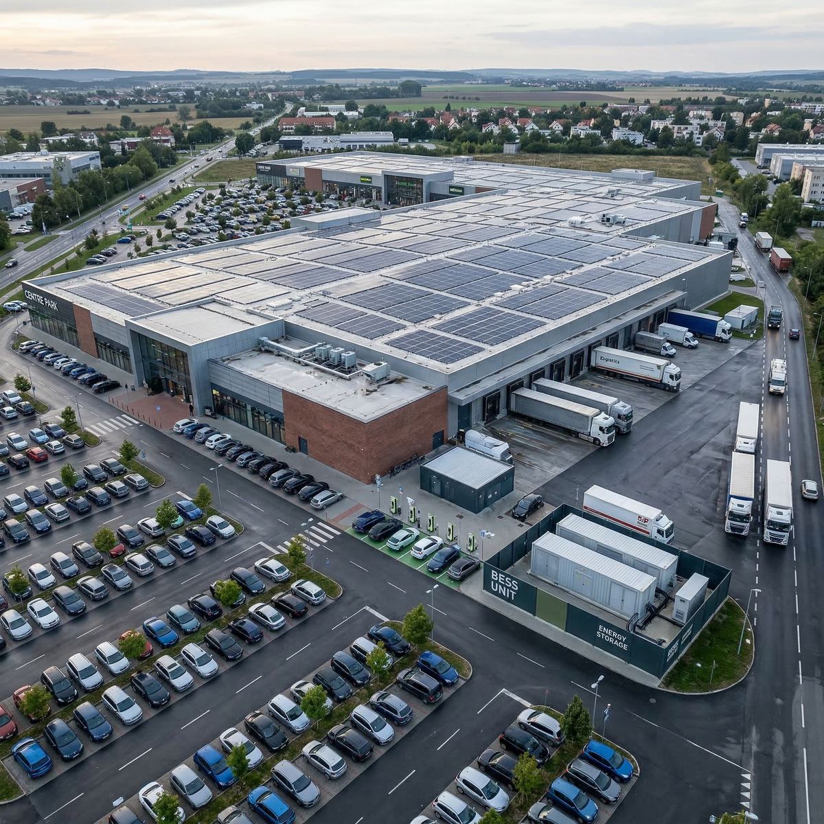 Shopping center with rooftop solar and battery storage
