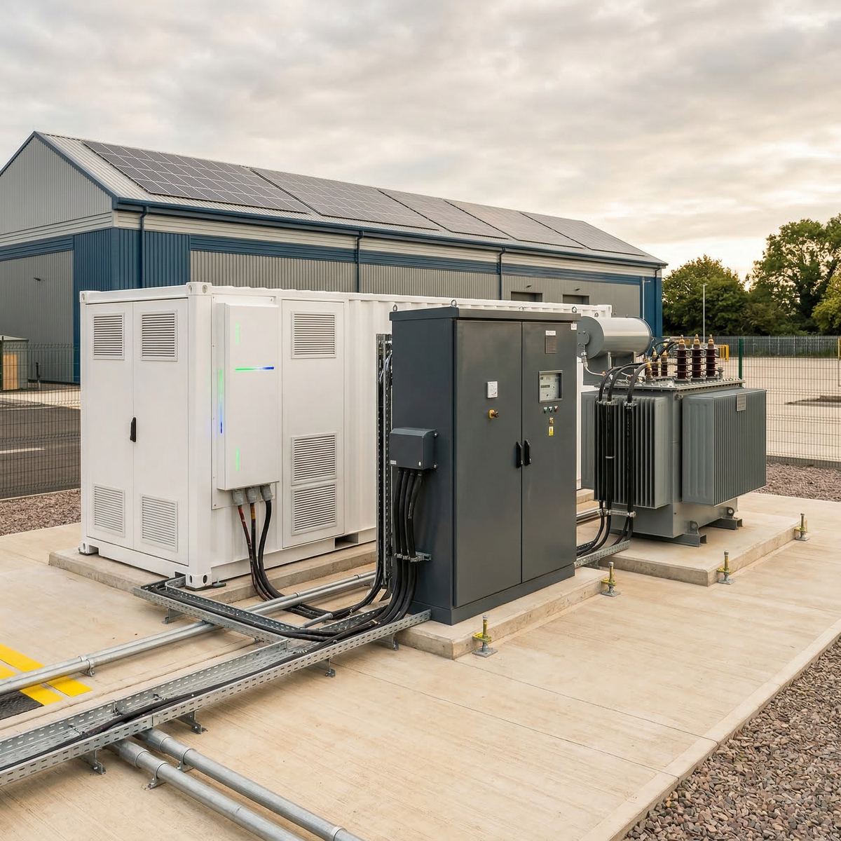 Commercial battery storage with solar panels and power distribution equipment