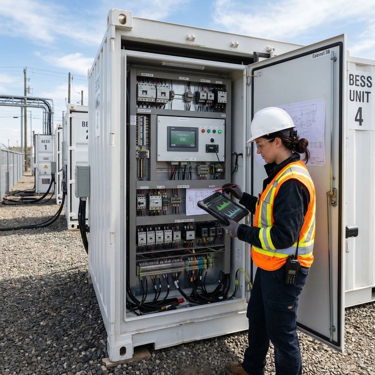 Technician inspecting containerized battery storage control system