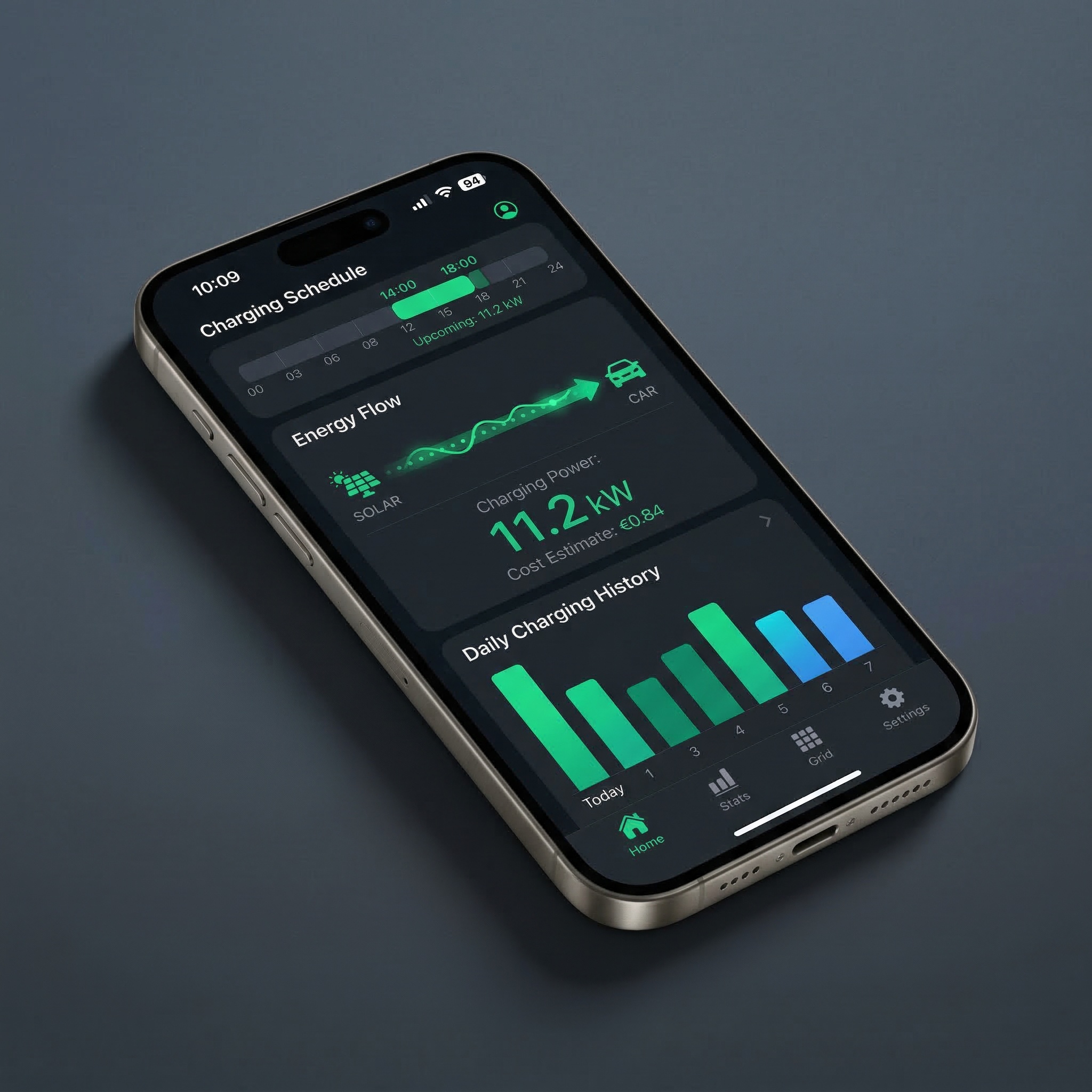 Spark Wallbox mobile app showing charging schedule and energy flow