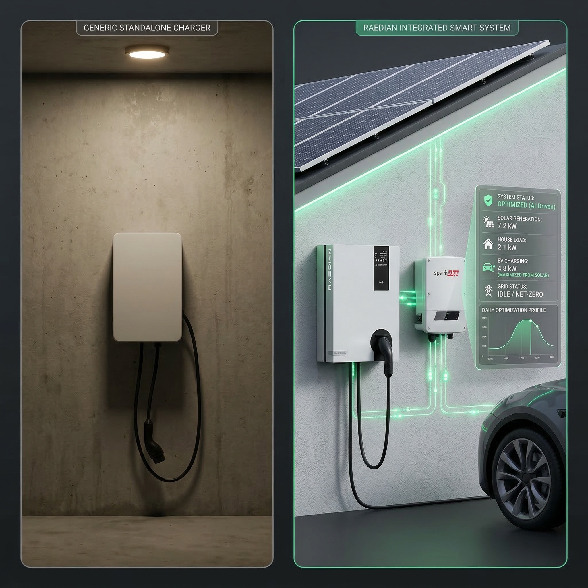Generic standalone charger vs Raedian integrated smart system with SparkEdge