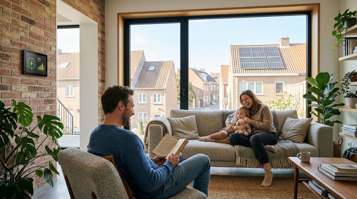 Family in a smart home powered by battery storage and solar energy