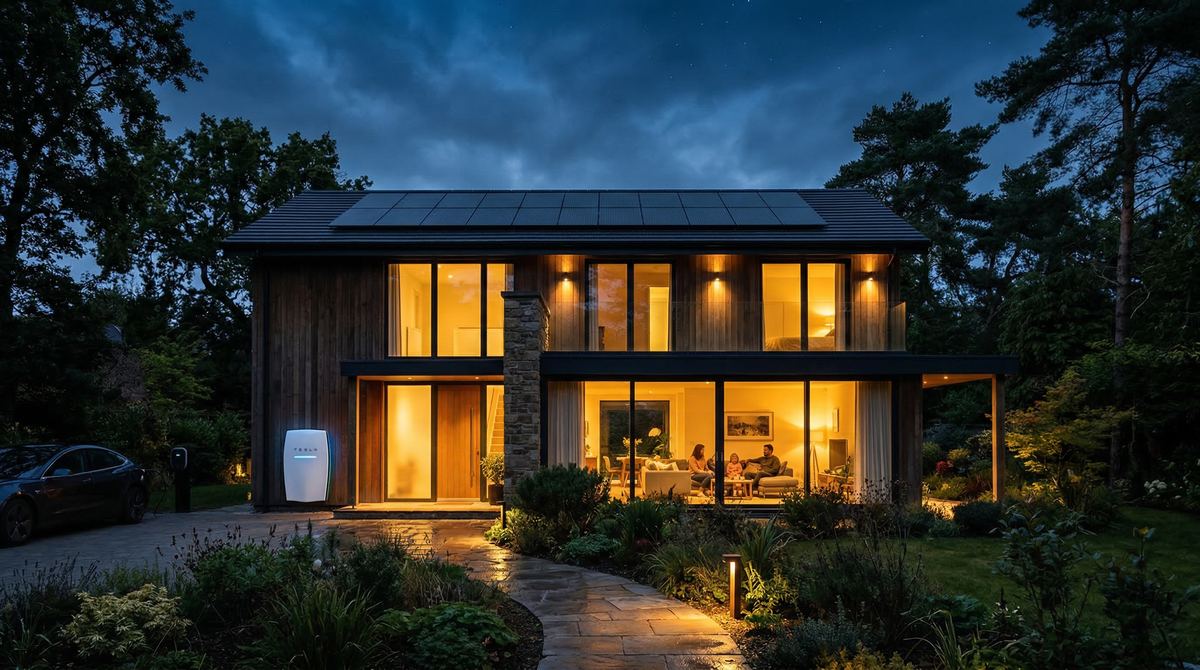 Home at night powered by battery storage for energy independence