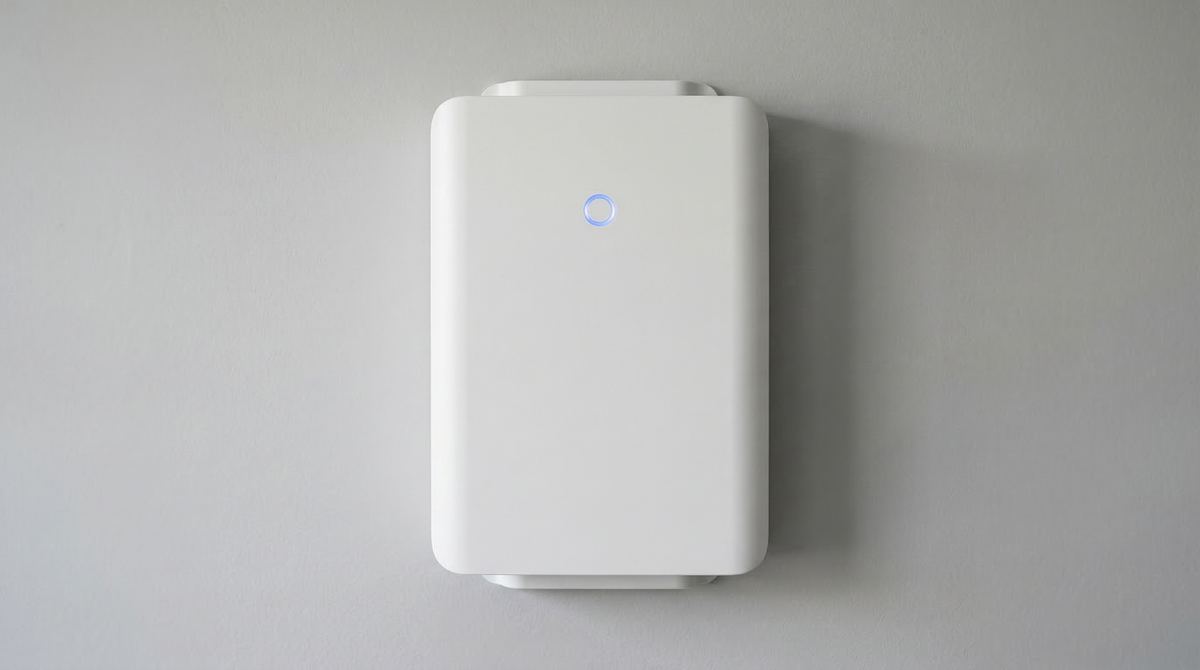 Wall-mounted home battery storage system closeup